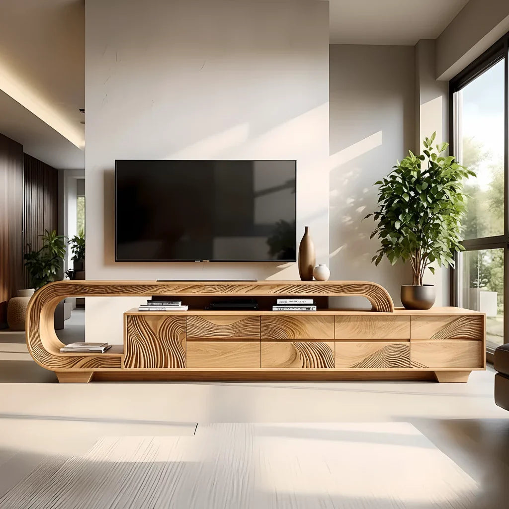 Curved Walnut Wave Carved Media Console - Modern Art TV Stand - Rustira