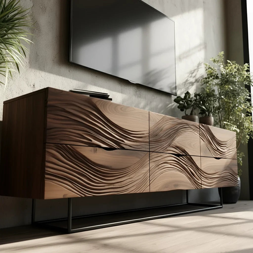 Dark Walnut Sculpted TV Stand – Modern Organic Wave Media Console - Rustira