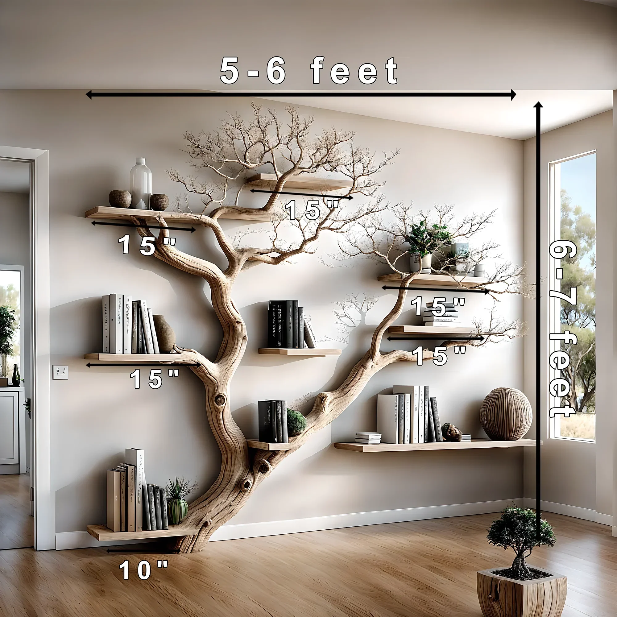 Decorative shelf made of natural driftwood, 100% handmade, solid wood, tree-shaped bookshelf, gift