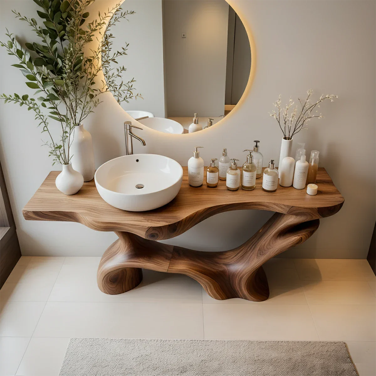 Double-Sculpted Wood Pedestal Vanity – Organic Modern Bathroom Sink Table - Rustira