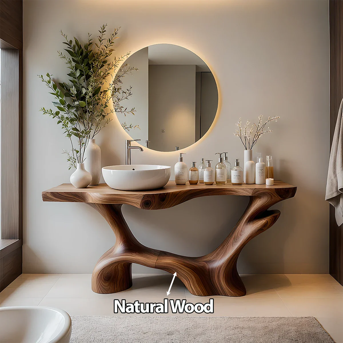 Double-Sculpted Wood Pedestal Vanity – Organic Modern Bathroom Sink Table - Rustira