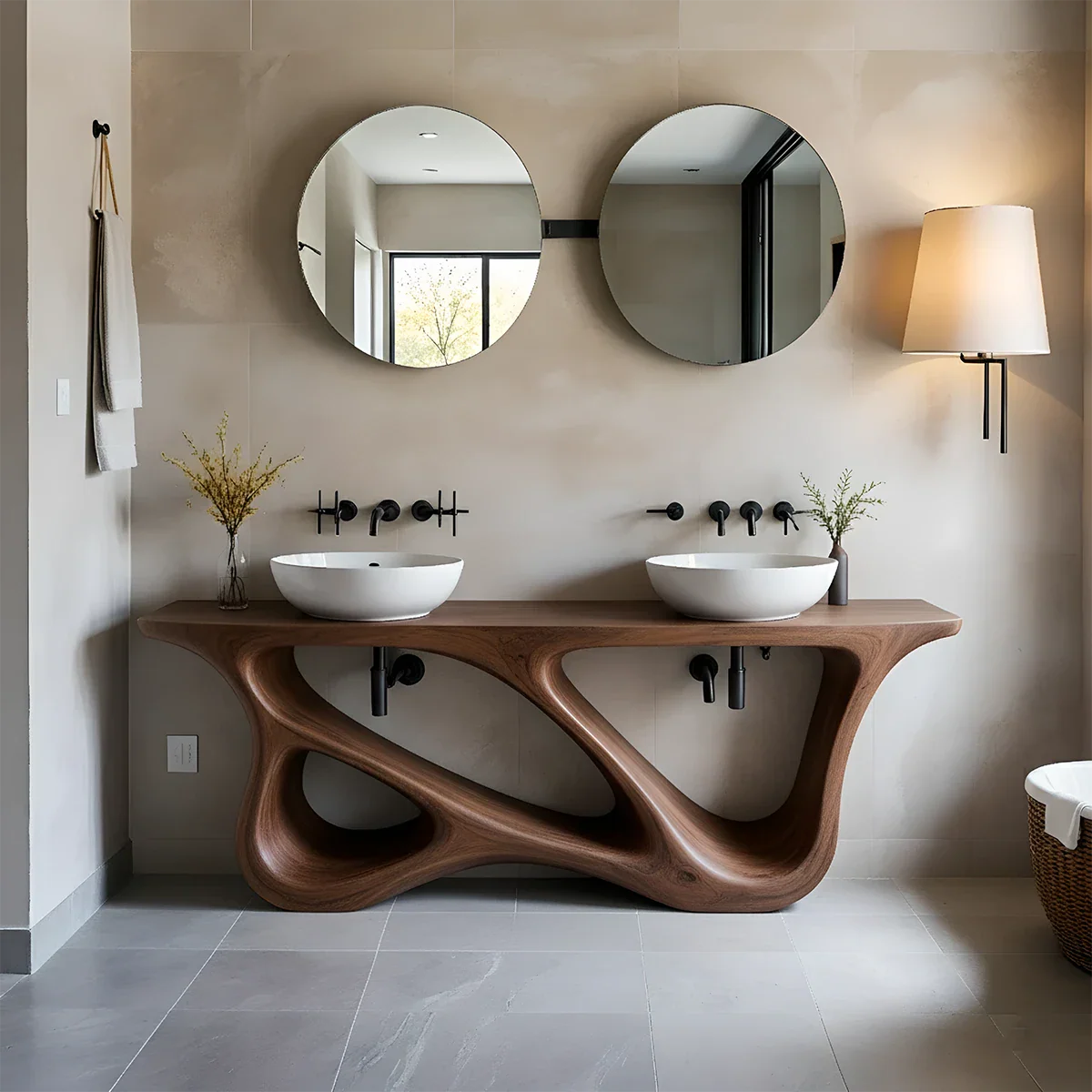 Double Sink Solid Walnut Vanity with Sculptural Flow Design - Rustira