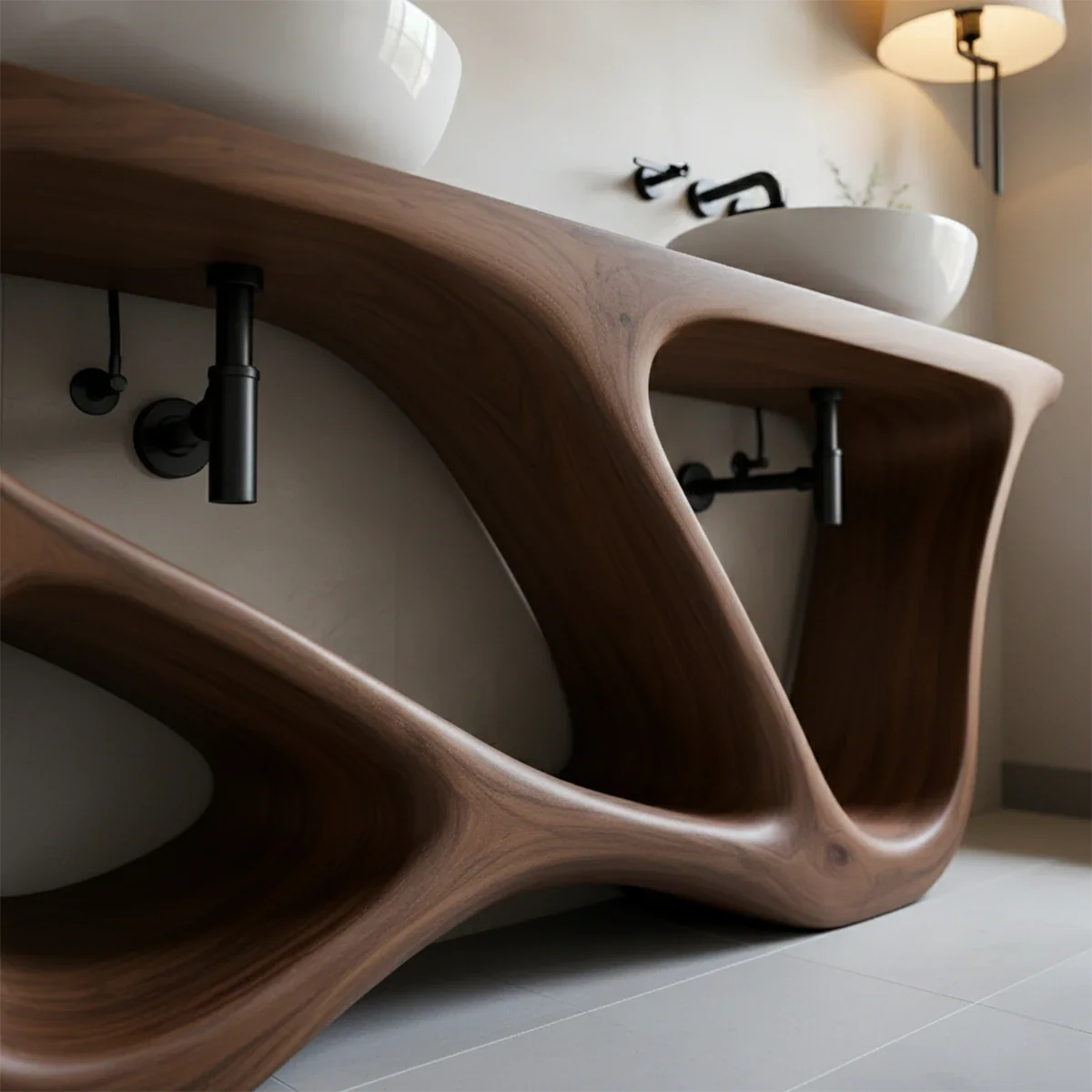 Double Sink Solid Walnut Vanity with Sculptural Flow Design - Rustira