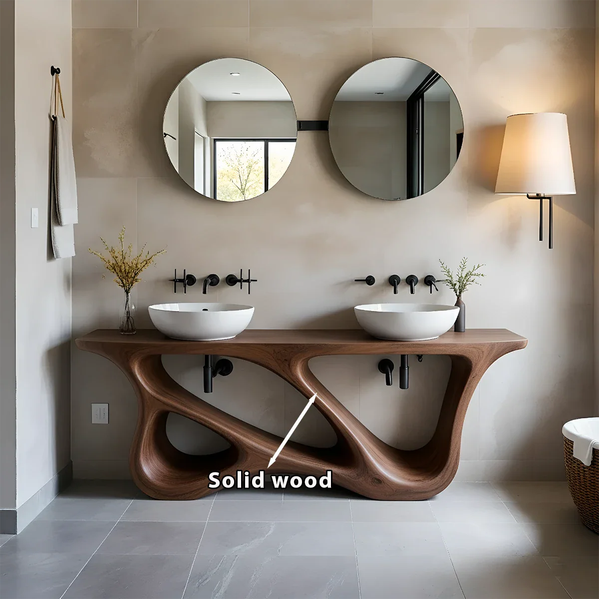 Double Sink Solid Walnut Vanity with Sculptural Flow Design - Rustira