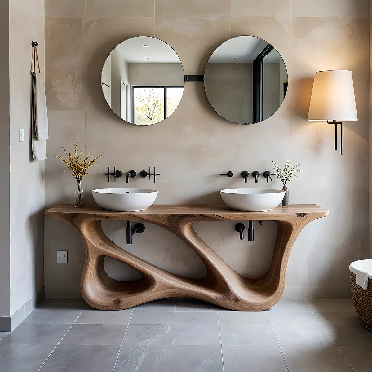 Double Sink Solid Walnut Vanity with Sculptural Flow Design - Rustira