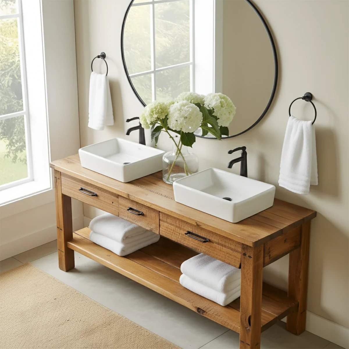 Double Sink Solid Wood Bathroom Vanity – Rustic Farmhouse Handcrafted Cabinet - Rustira