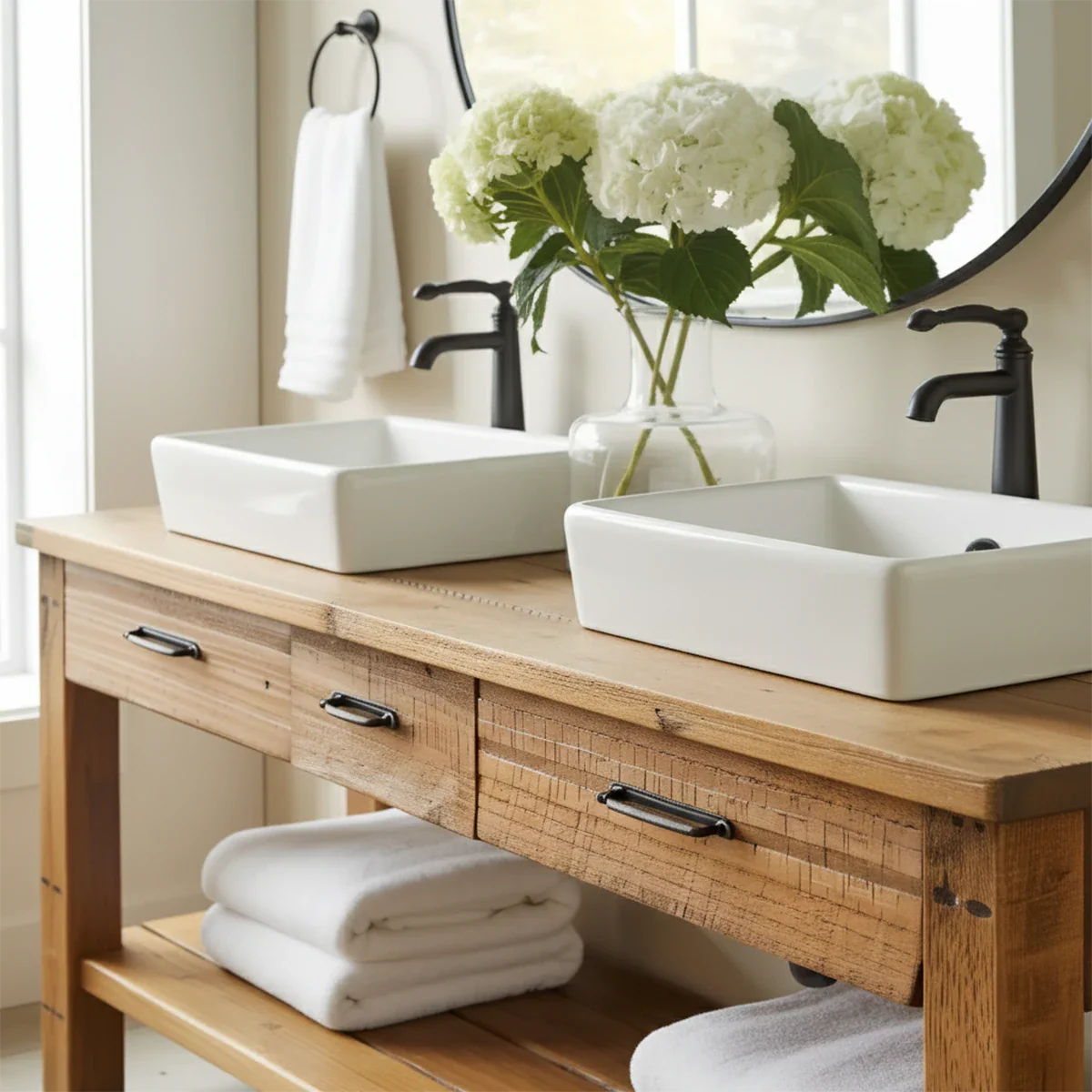 Double Sink Solid Wood Bathroom Vanity – Rustic Farmhouse Handcrafted Cabinet - Rustira