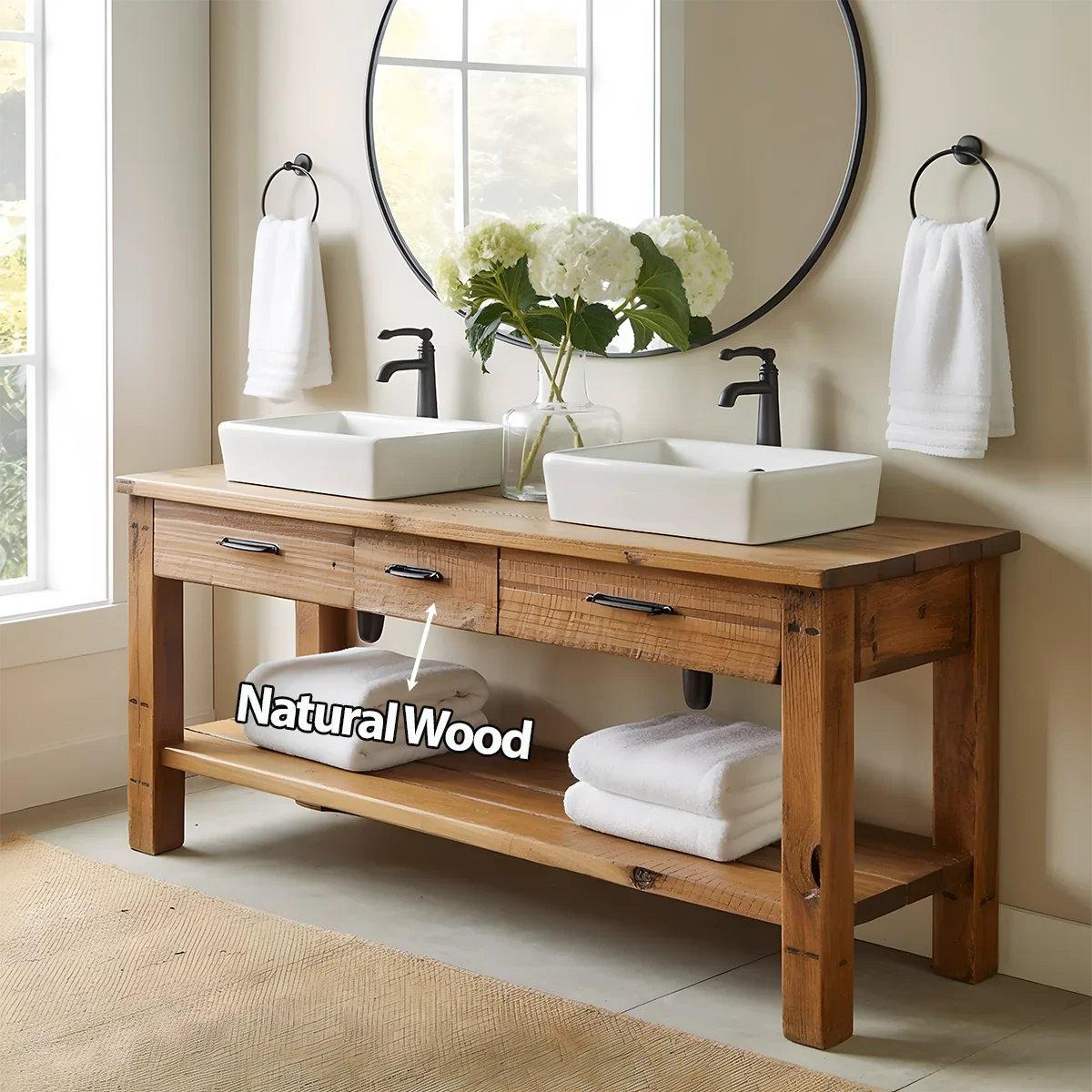 Double Sink Solid Wood Bathroom Vanity – Rustic Farmhouse Handcrafted Cabinet - Rustira