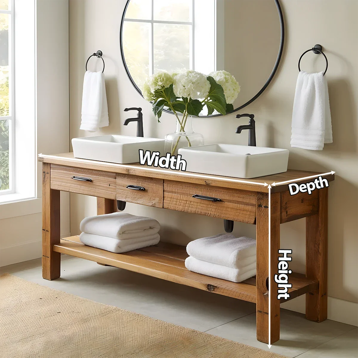 Double Sink Solid Wood Bathroom Vanity – Rustic Farmhouse Handcrafted Cabinet - Rustira