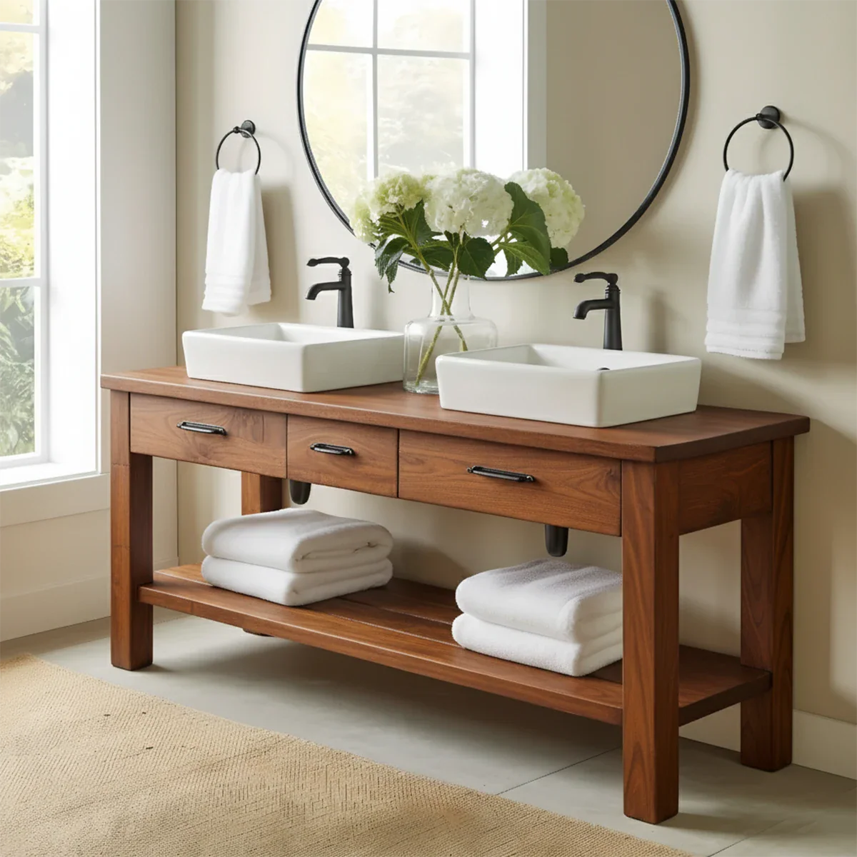 Double Sink Solid Wood Bathroom Vanity – Rustic Farmhouse Handcrafted Cabinet - Rustira