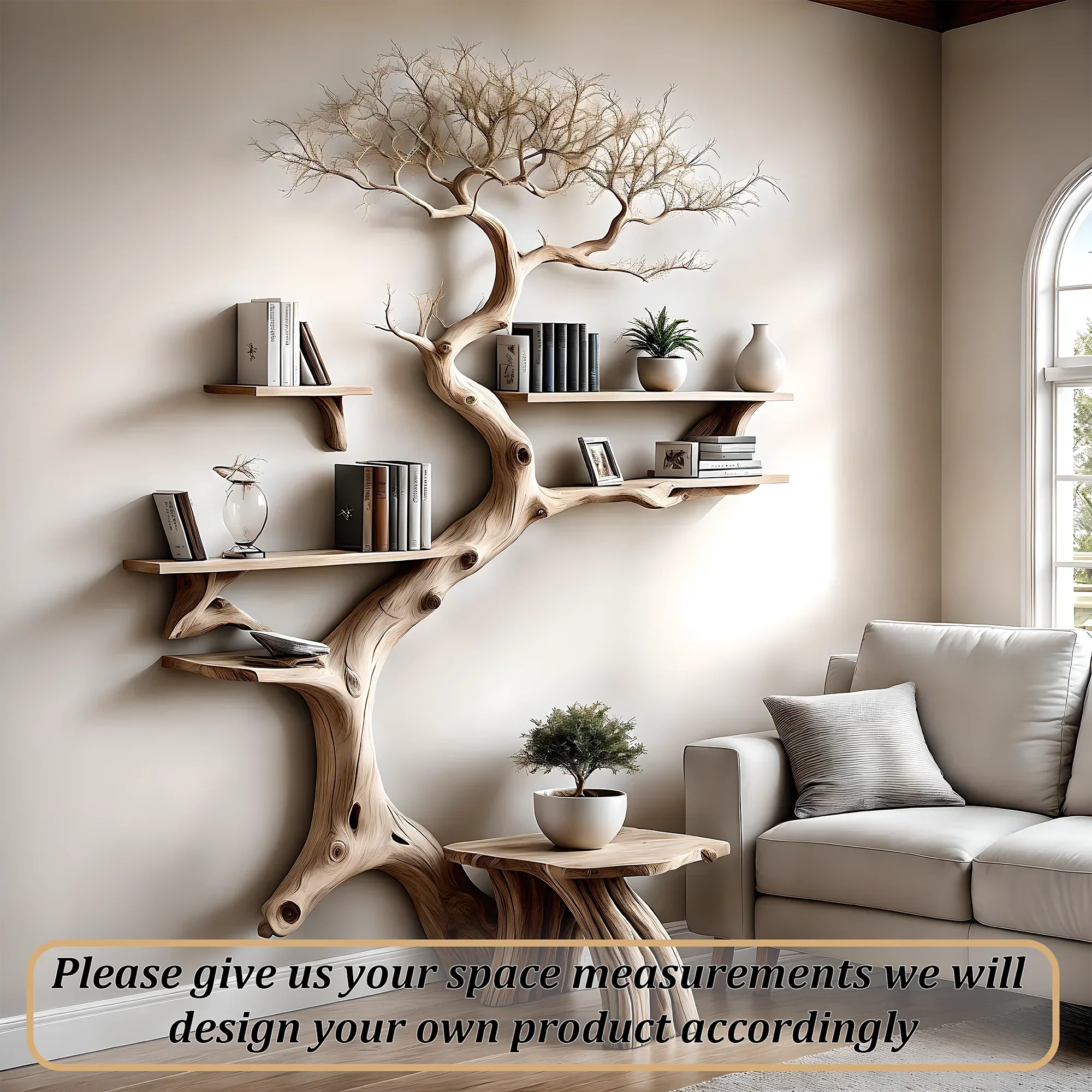 Driftwood bookshelf, with narrow table,