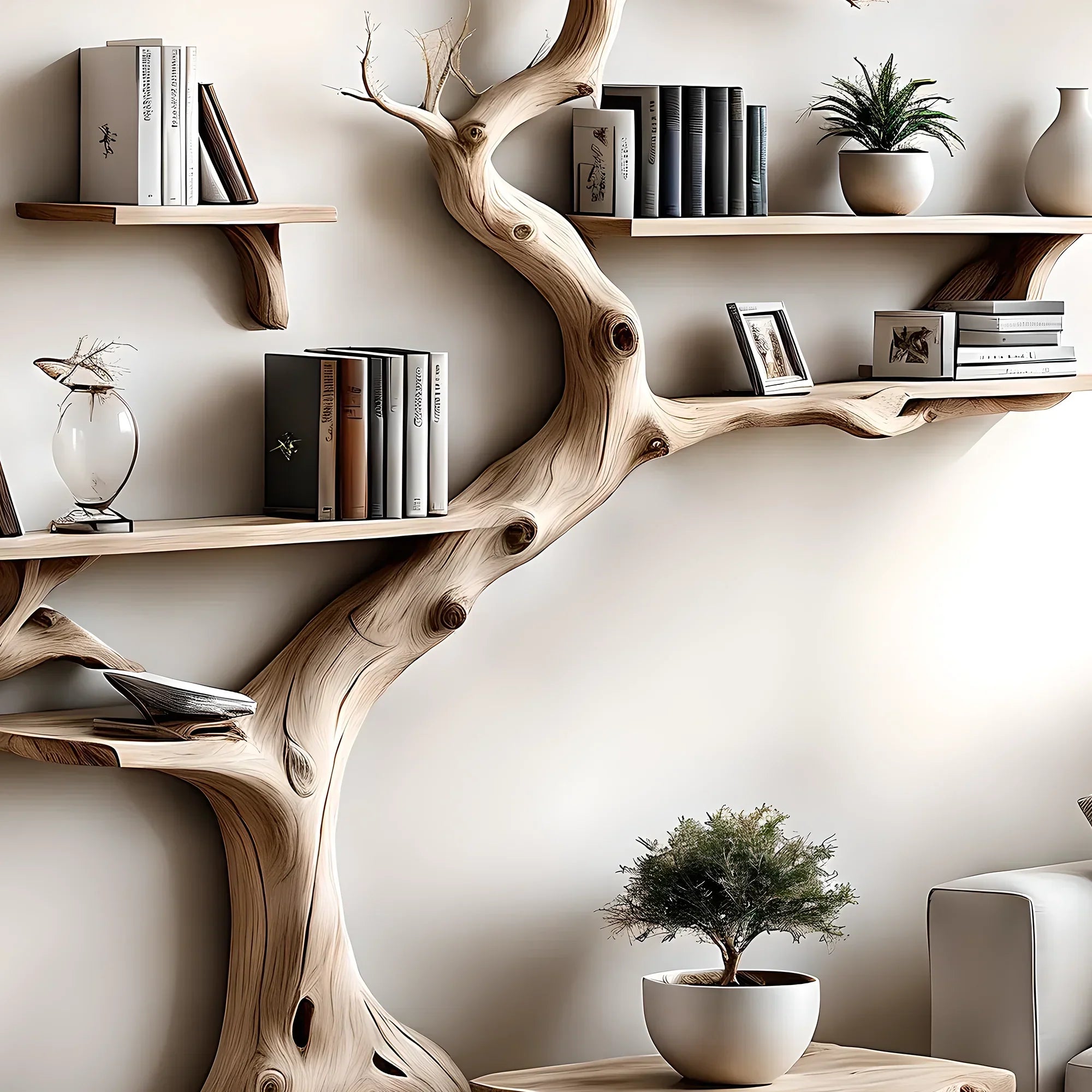 Driftwood bookshelf, with narrow table,