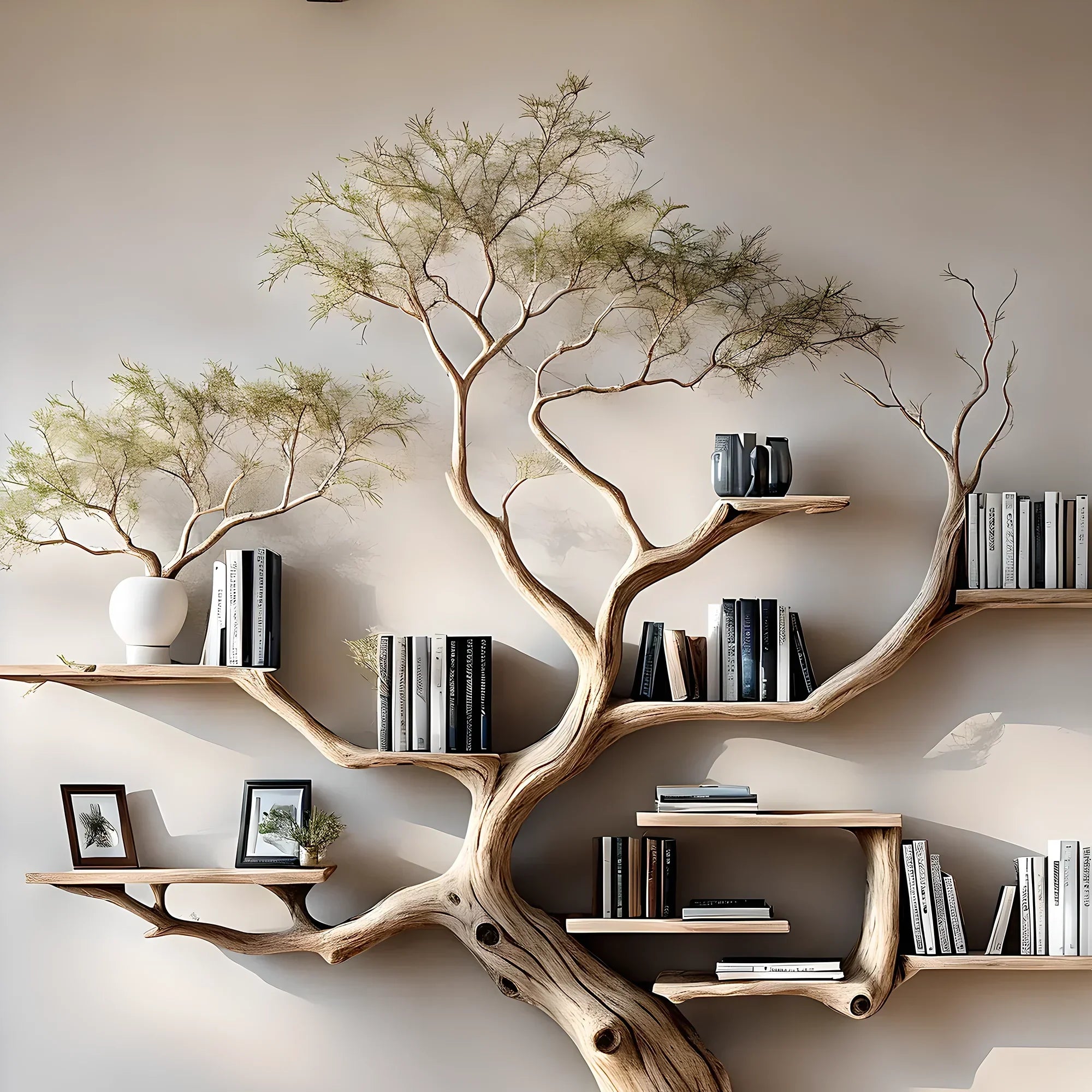 Driftwood bookshelf decorates home wall