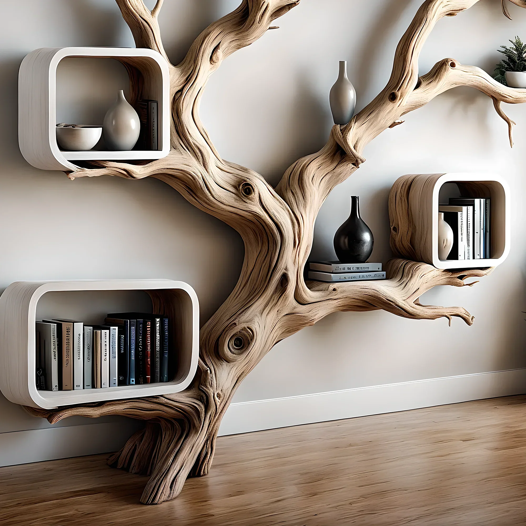 Driftwood bookshelf, tree-shaped bookshelf, solid wood bookshelf, decorative bookshelf