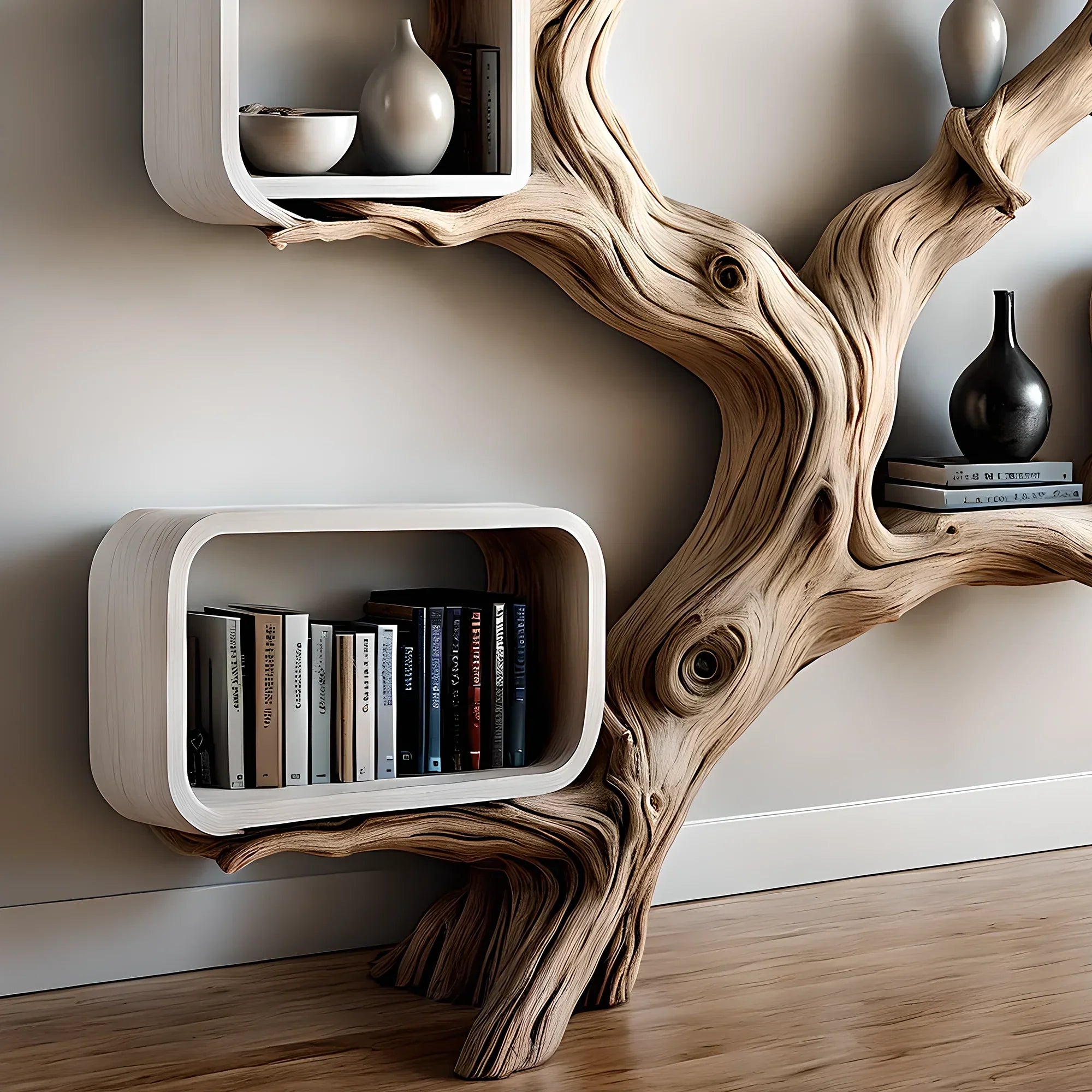 Driftwood bookshelf, tree-shaped bookshelf, solid wood bookshelf, decorative bookshelf