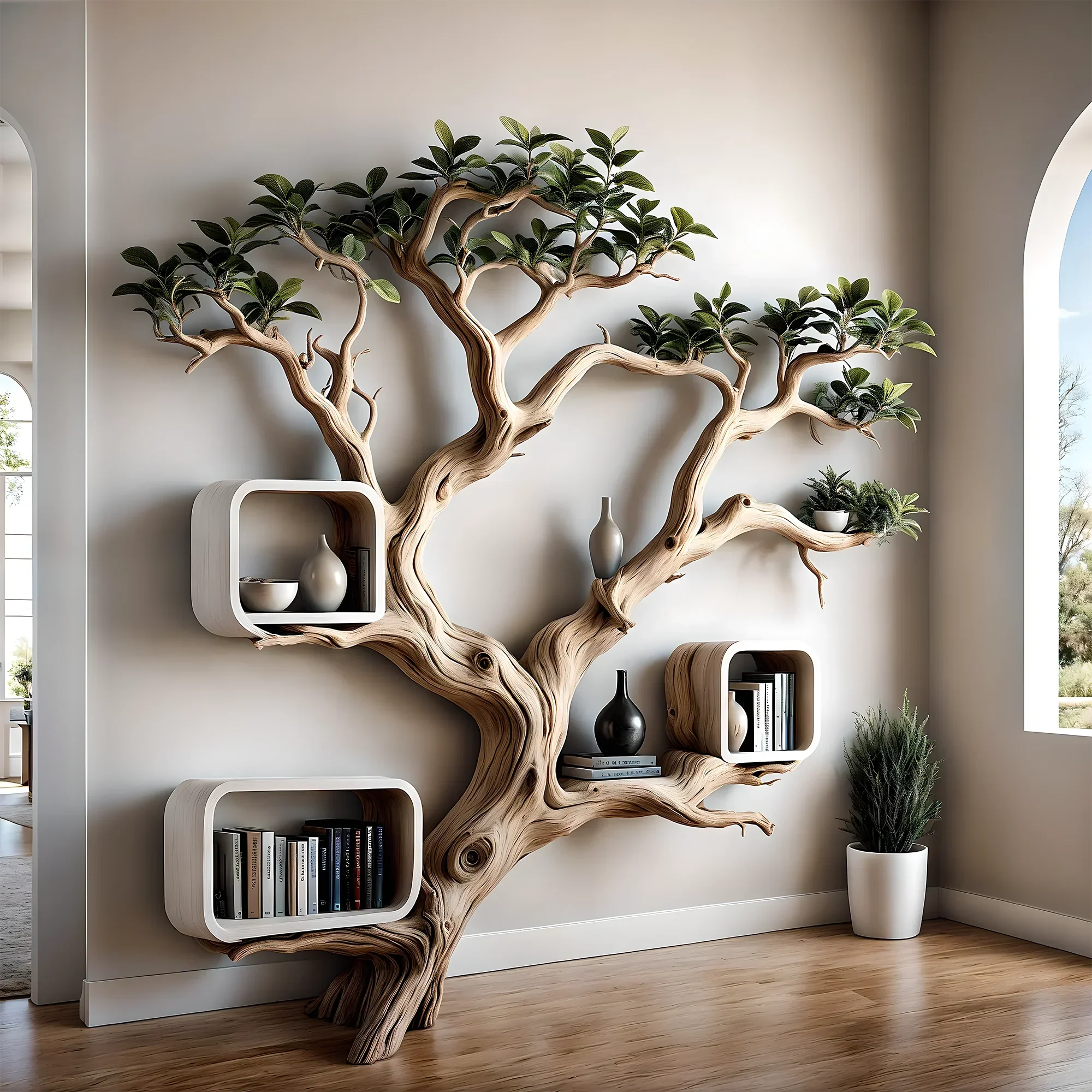 Driftwood bookshelf, tree-shaped bookshelf, solid wood bookshelf, decorative bookshelf