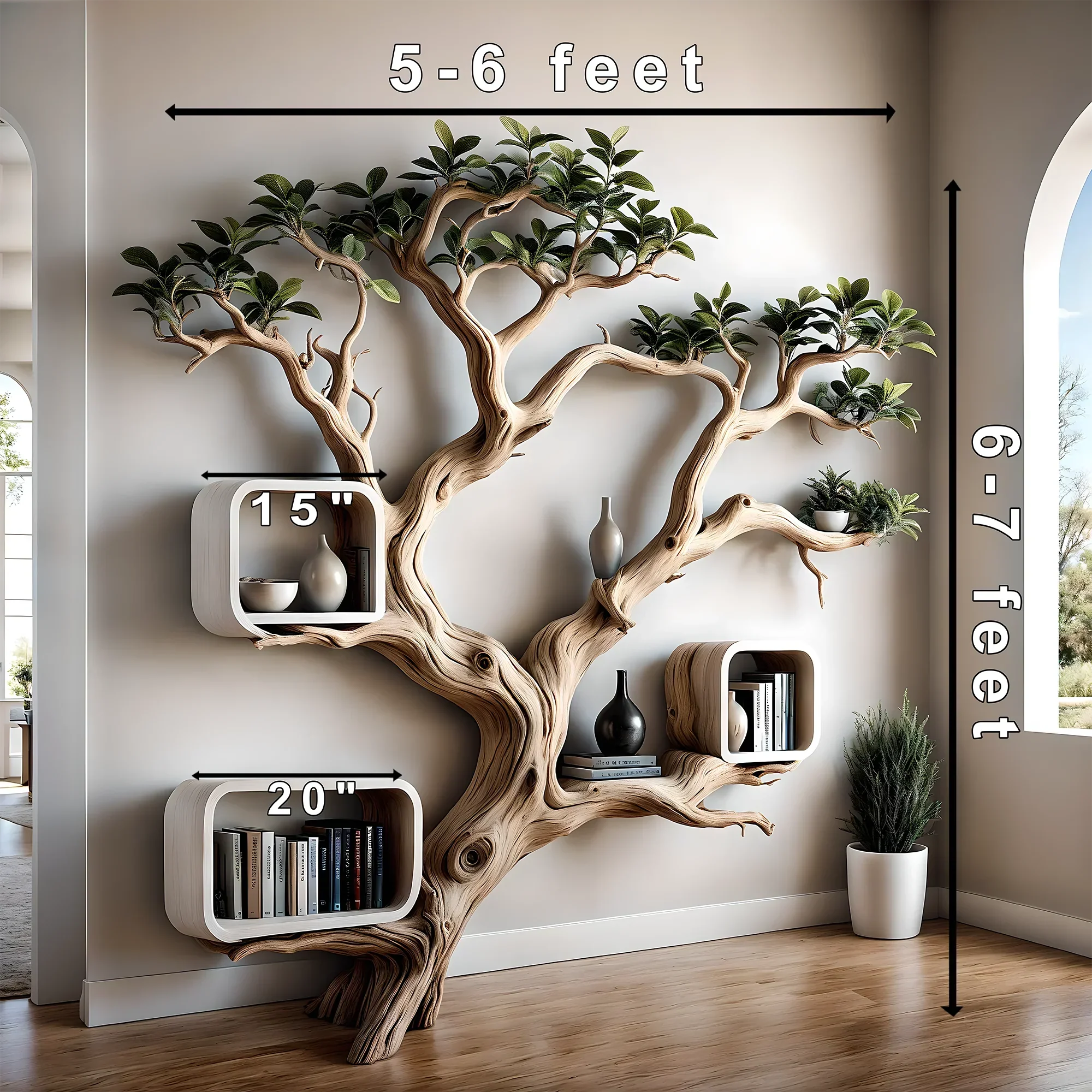 Driftwood bookshelf, tree-shaped bookshelf, solid wood bookshelf, decorative bookshelf