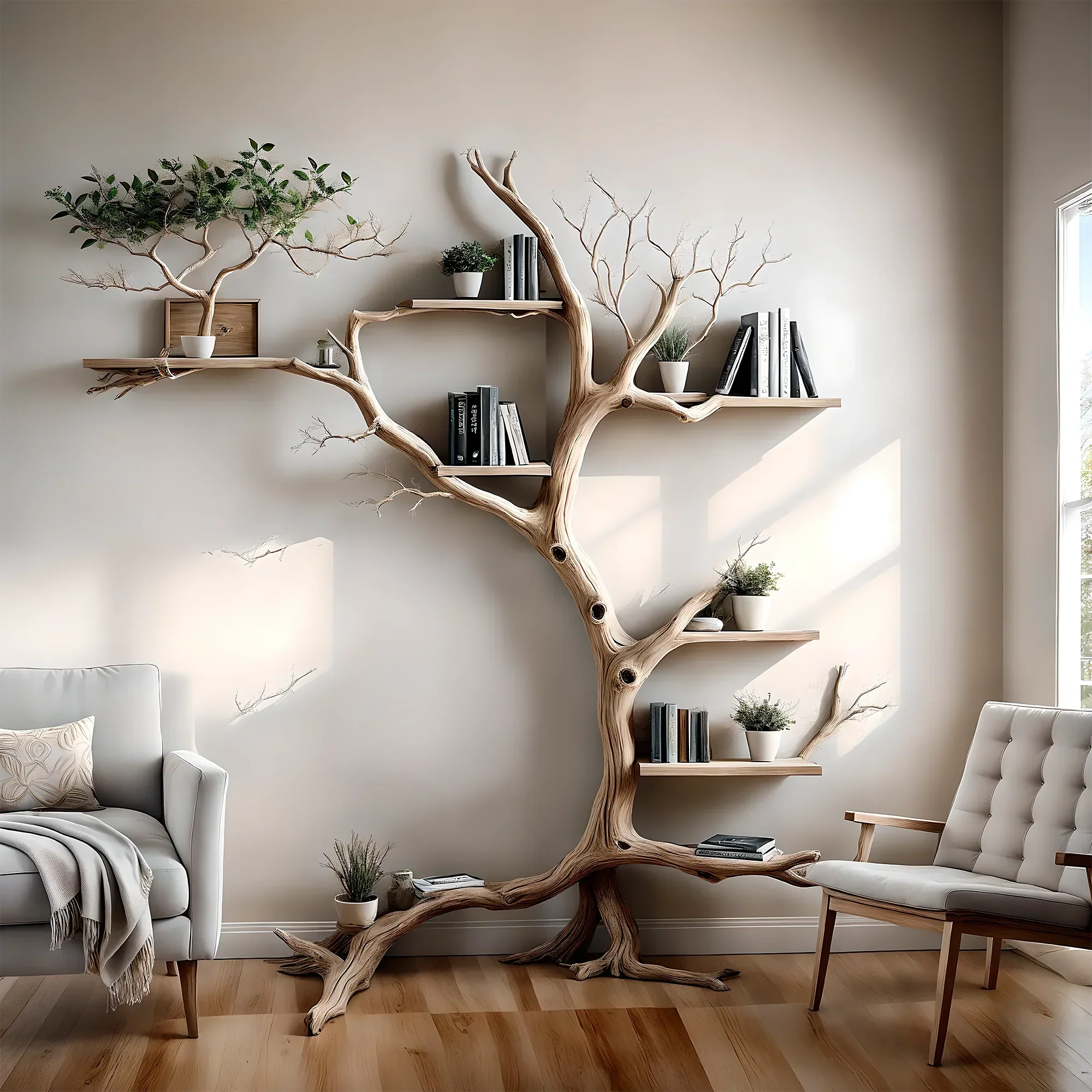 Driftwood bookshelf wall decoration, children's bookshelf