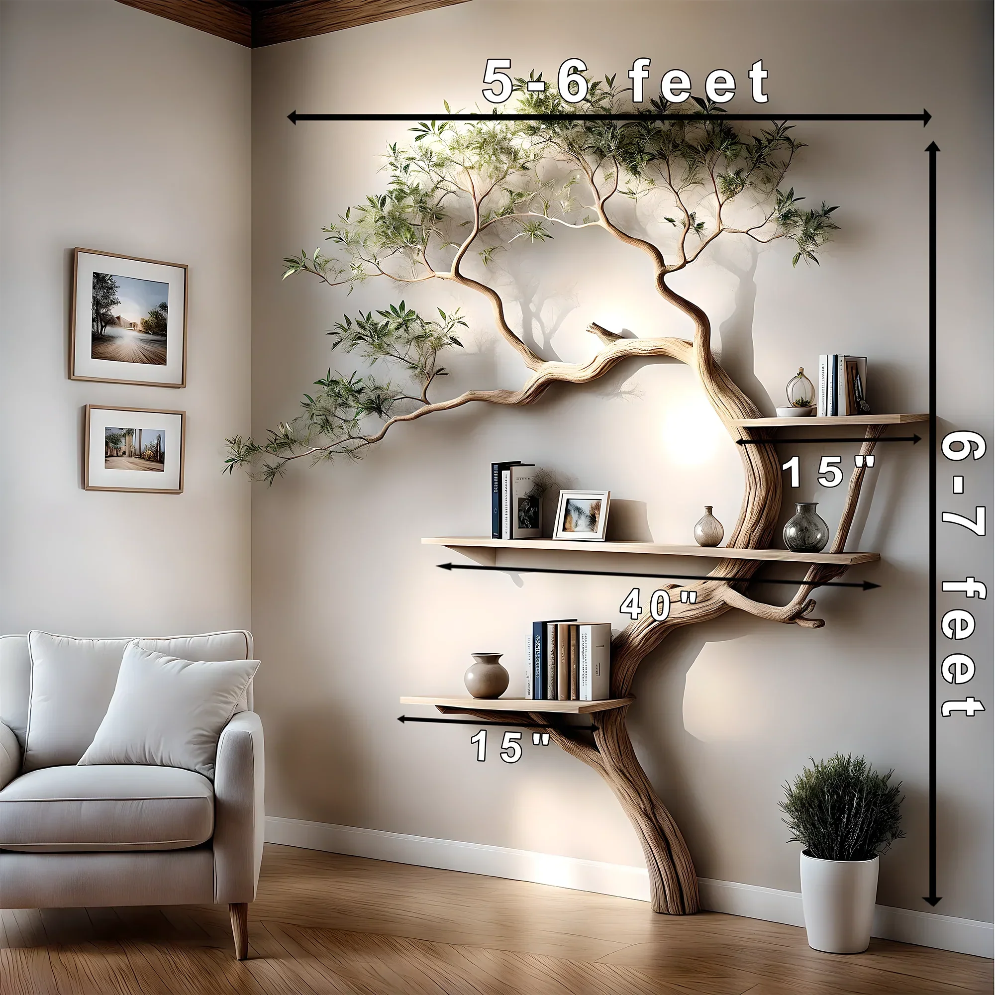 Driftwood tree-shaped bookshelf used to decorate living room, balcony