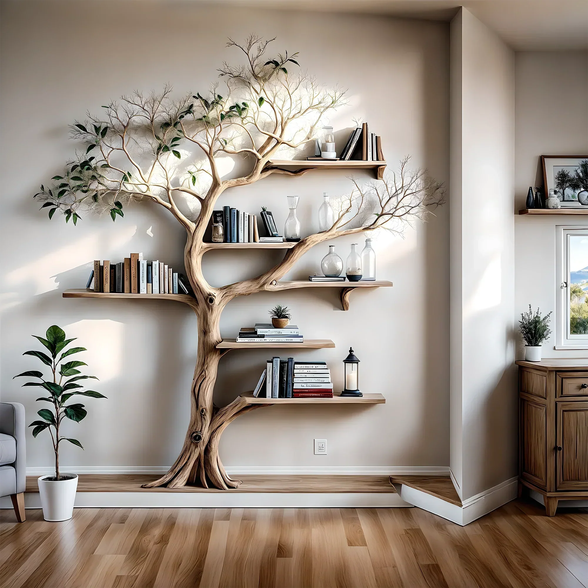 Solid wood tree branch bookshelf, handmade wall hanging, interior decoration for living room