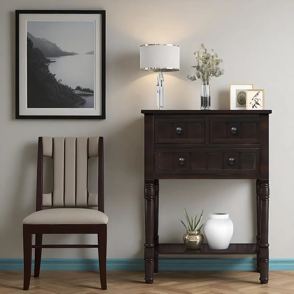 Elegant dark wood console table with 3 drawers and lower shelf