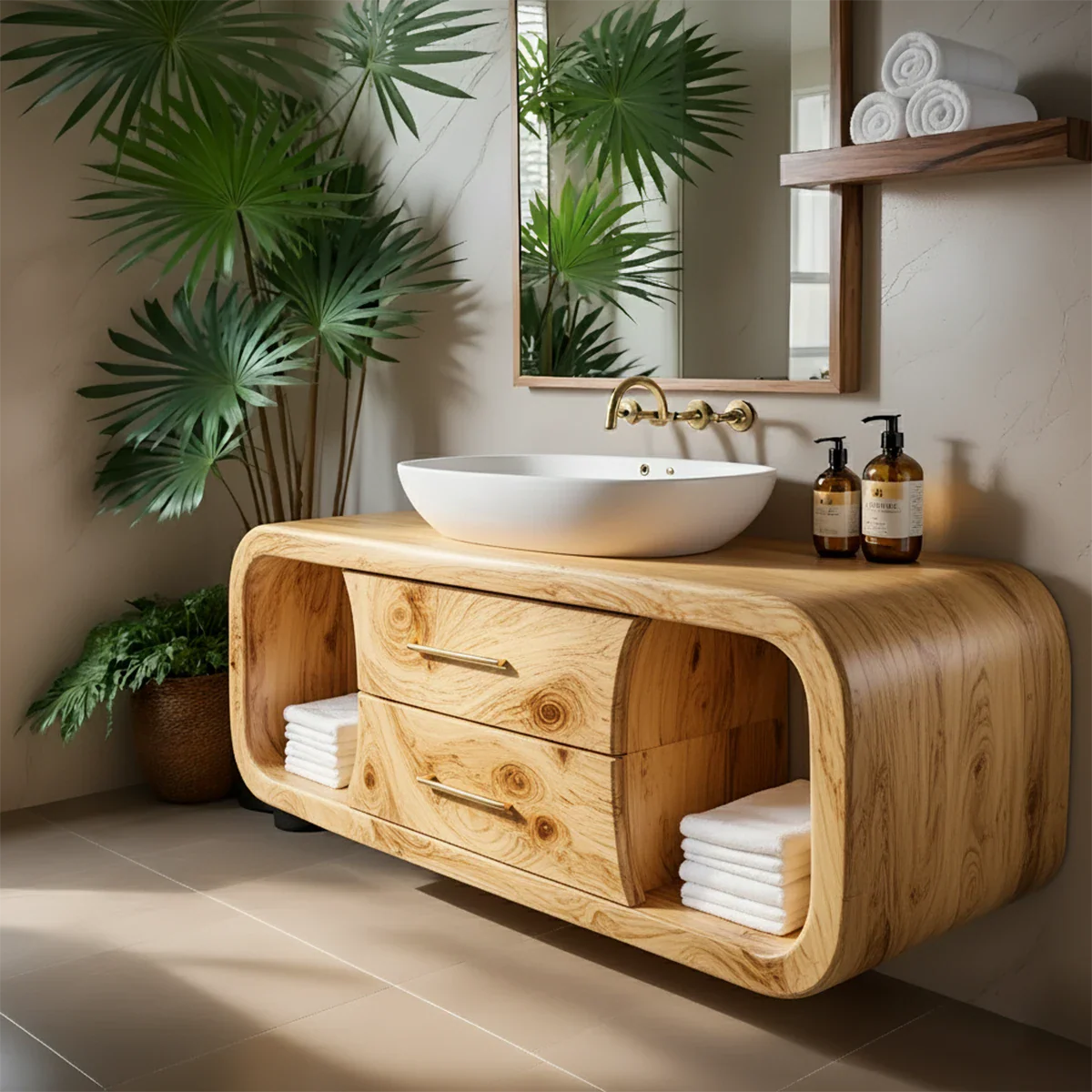 Elysian Bathroom Vanity – Natural Solid Wood Organic Modern - Rustira