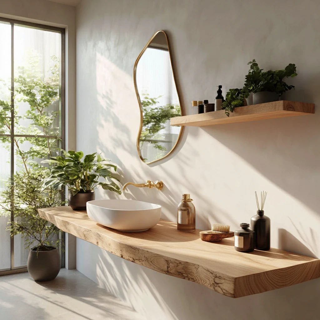 Farmhouse Solid Wood Live Edge Bathroom Vanity with Floating Shelf - Rustira