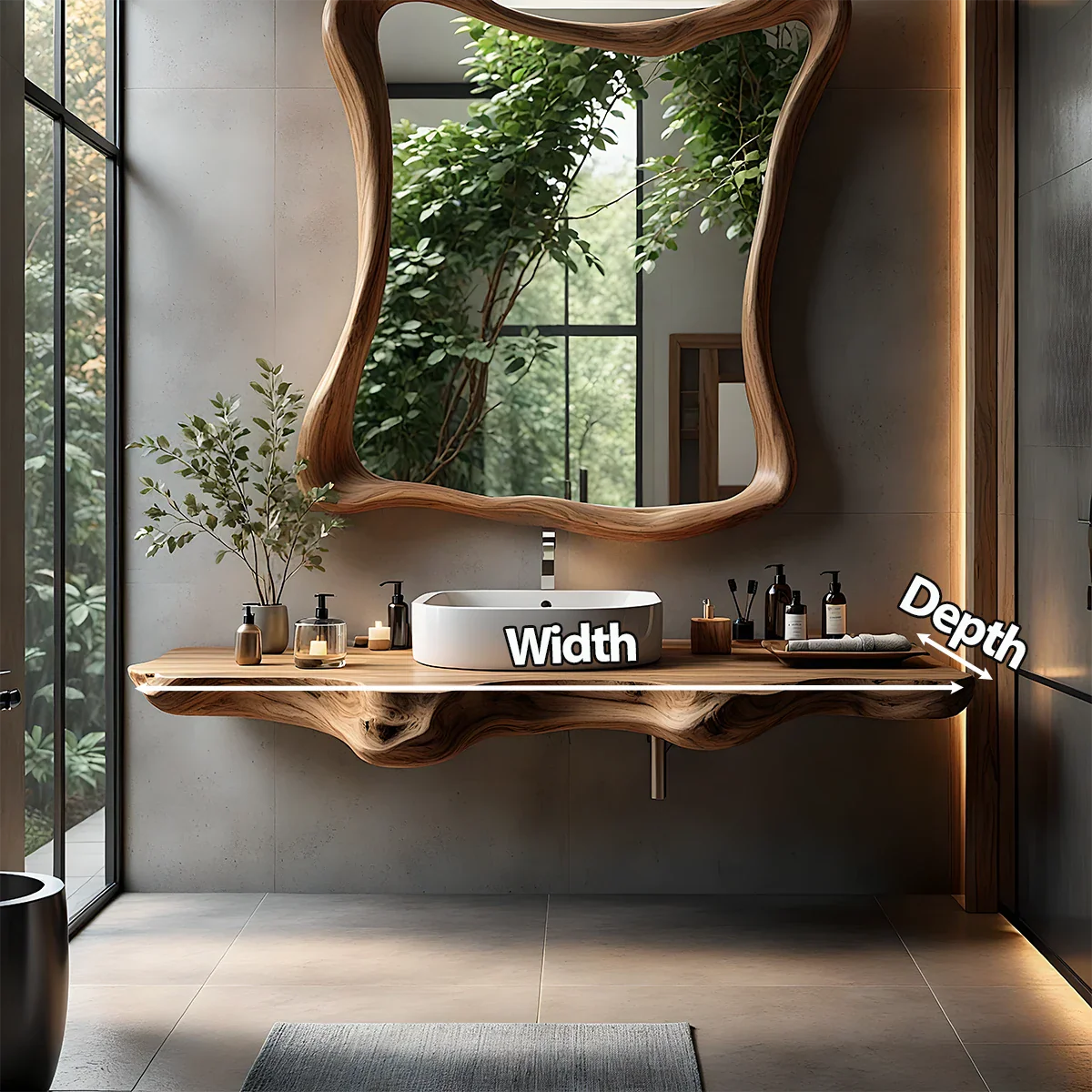 Organic Live Edge Floating Bathroom Vanity with Sculpted Frame Mirror - Rustira