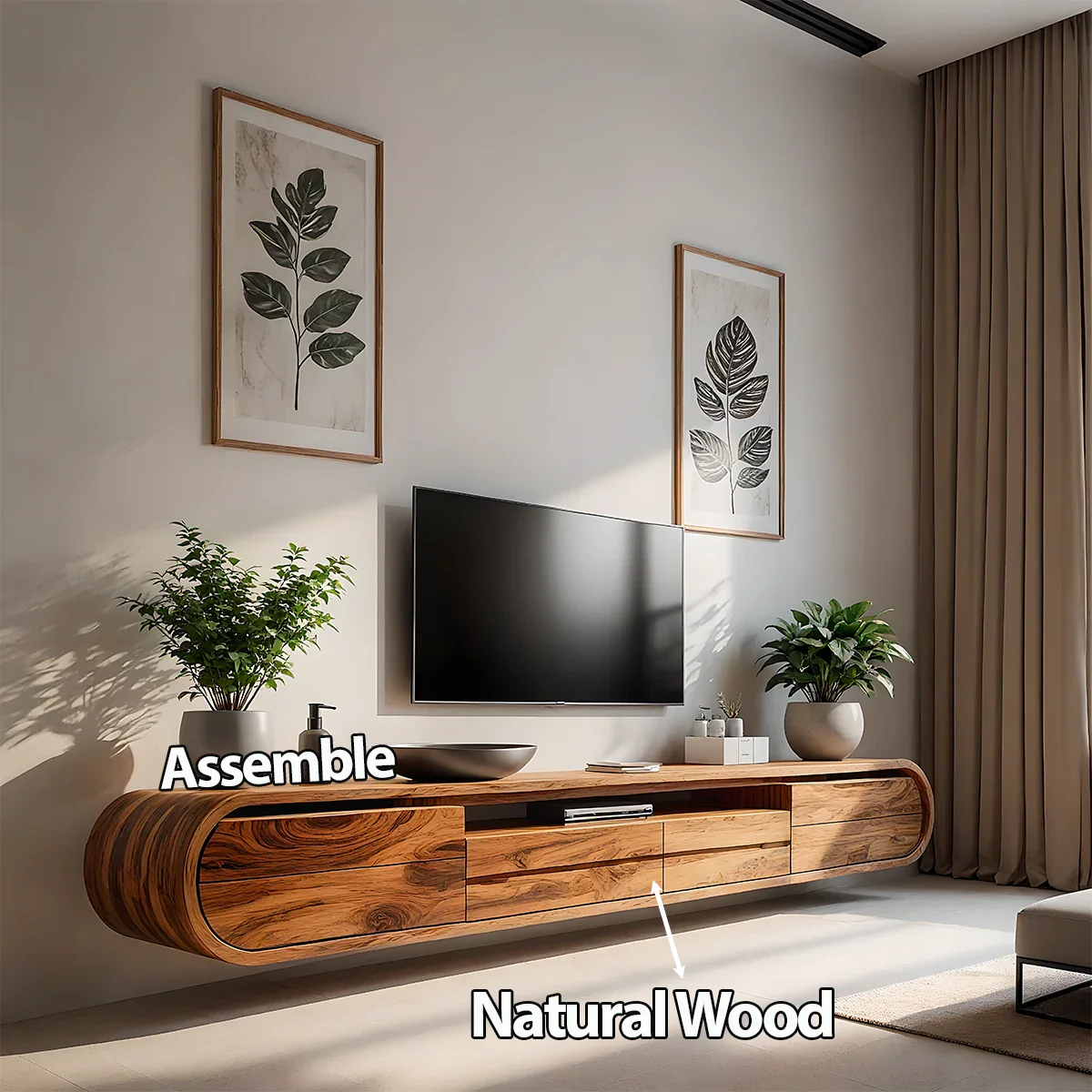 Floating Curved Edge Walnut TV Console — Organic Minimal Design - Rustira