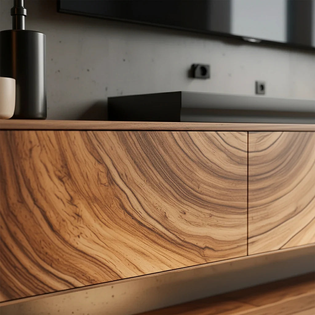 Floating Solid Wood TV Console with Artistic Grain & Soft Edge Design - Rustira