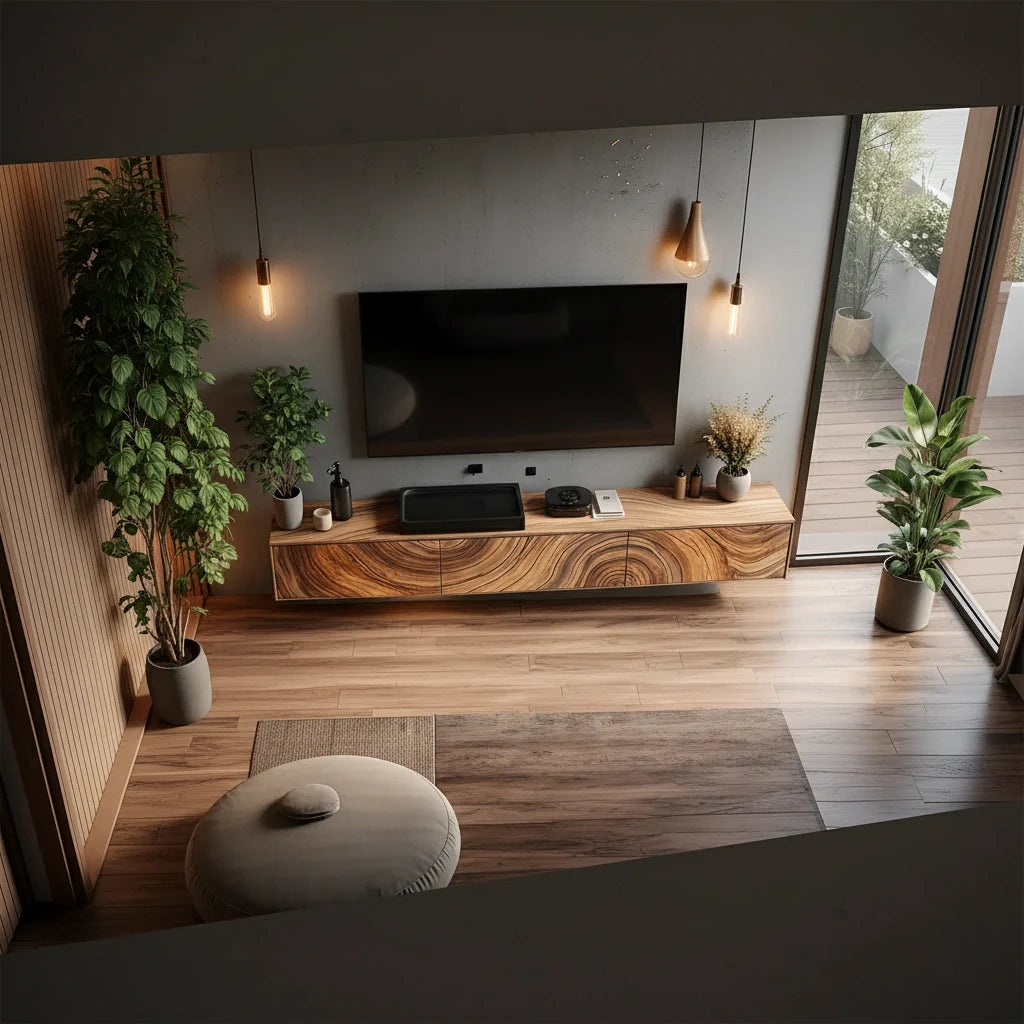 Floating Solid Wood TV Console with Artistic Grain & Soft Edge Design - Rustira