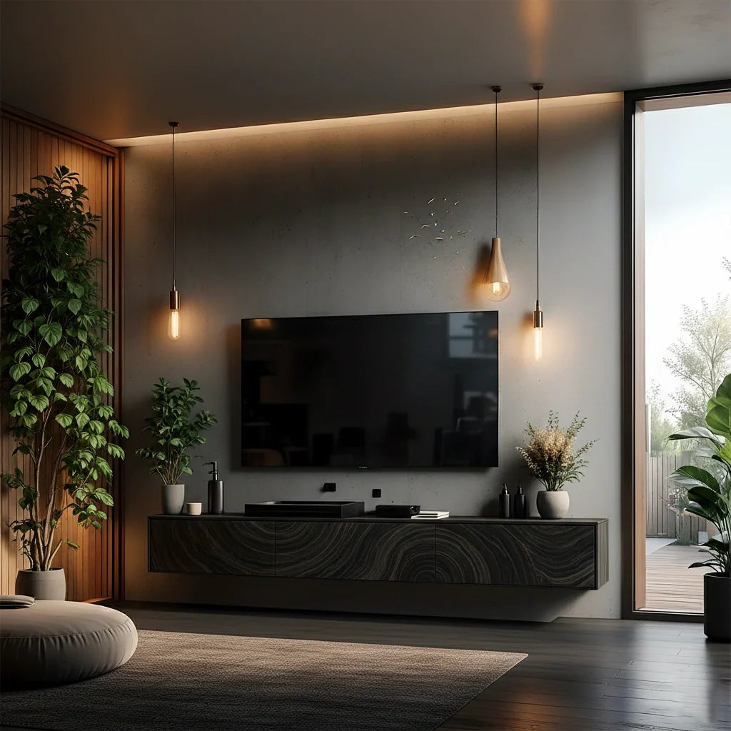 Floating Solid Wood TV Console with Artistic Grain & Soft Edge Design - Rustira