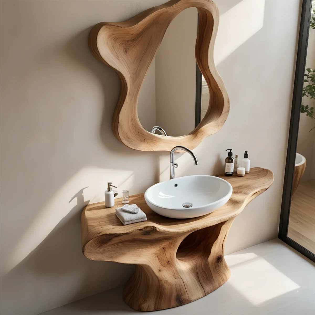 Organic Flow Bathroom Vanity – Natural Solid Wood Sculptural Sink Console - Rustira