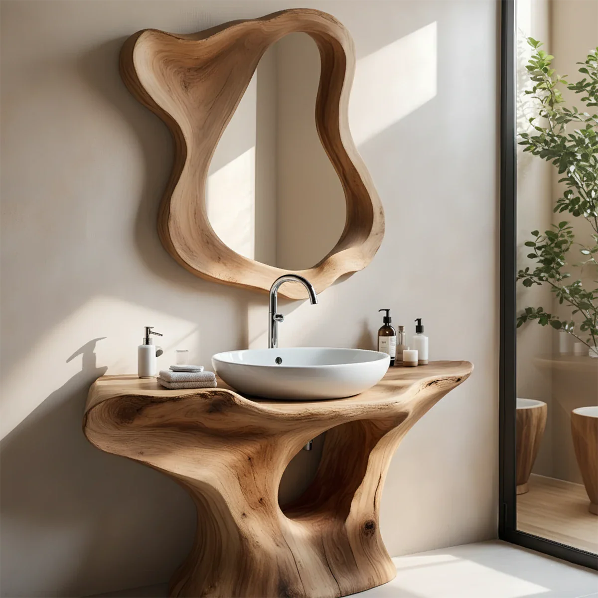 Organic Flow Bathroom Vanity – Natural Solid Wood Sculptural Sink Console - Rustira