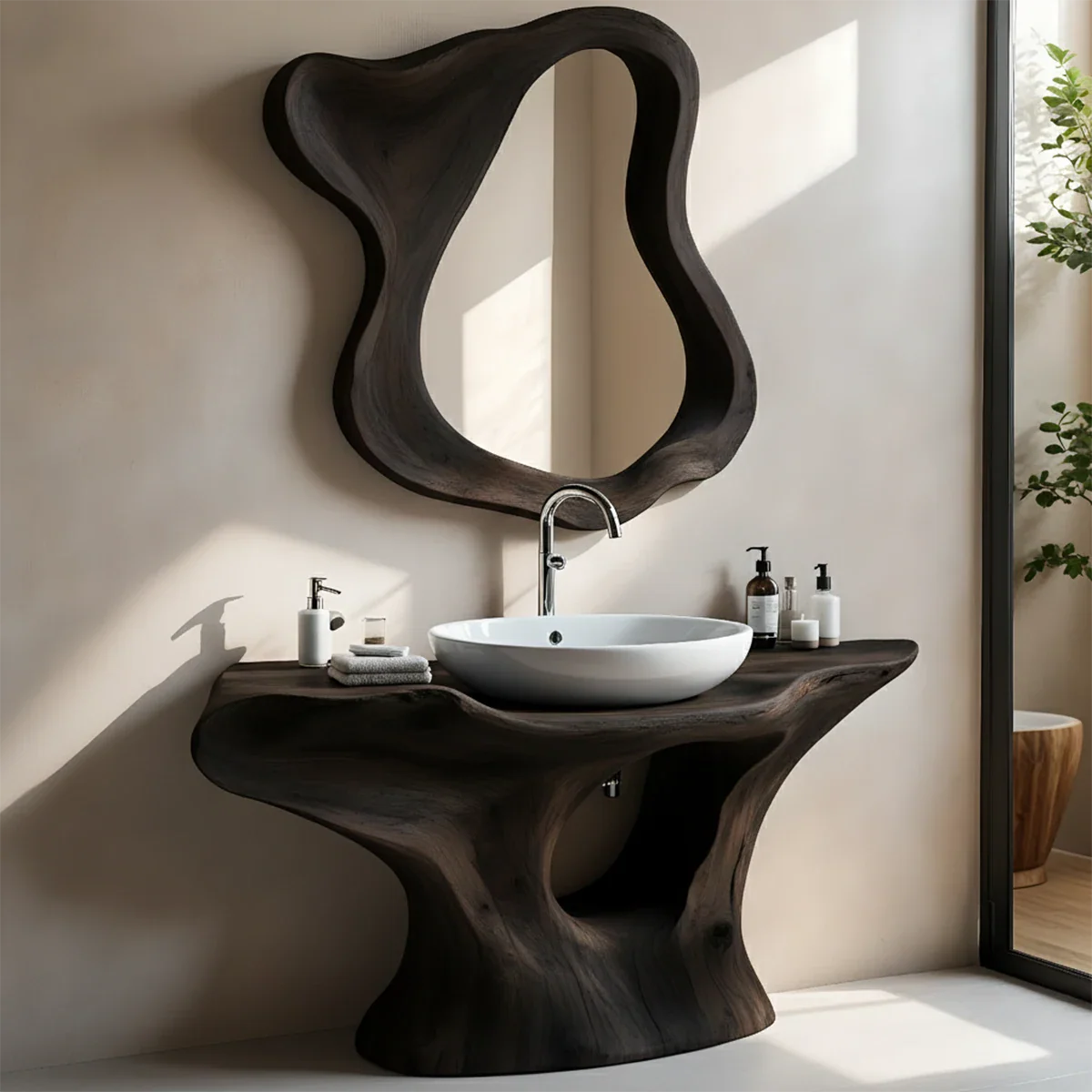 Organic Flow Bathroom Vanity – Natural Solid Wood Sculptural Sink Console - Rustira