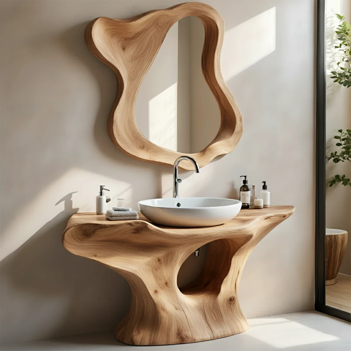 Organic Flow Bathroom Vanity – Natural Solid Wood Sculptural Sink Console - Rustira