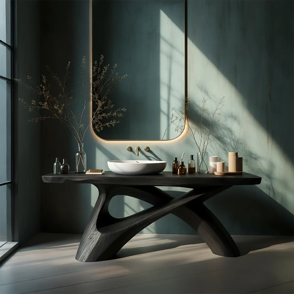 FlowForm Vanity – Modern Sculpted Solid Wood Bathroom Console - Rustira