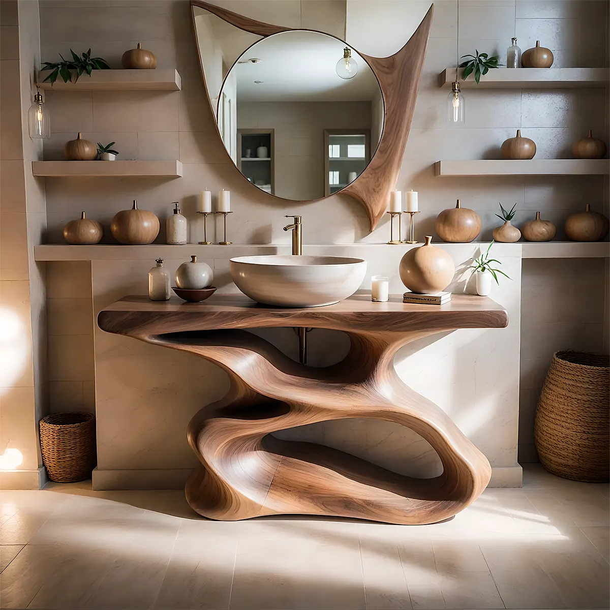 FlowForm Vanity – Sculpted Organic Solid Wood Bathroom - Rustira