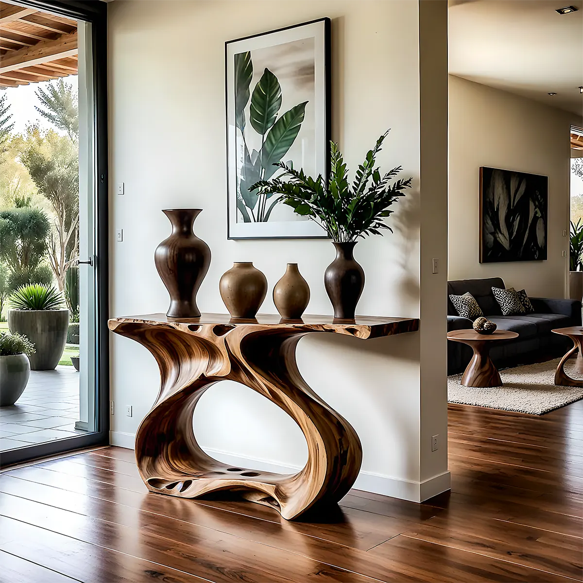 Flowing Walnut Console Table – Artistic Double Form Design - Rustira