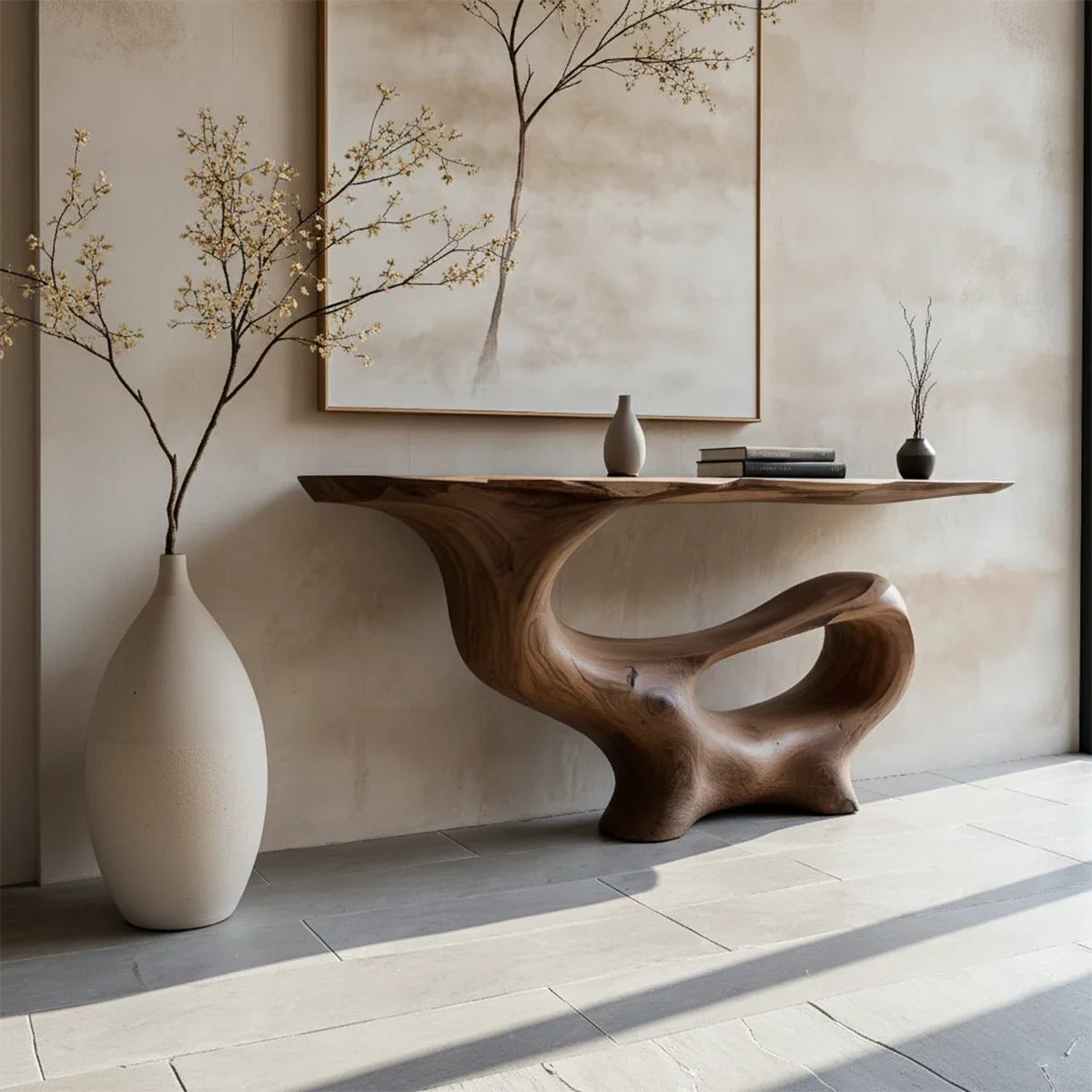 Fluid Sculpted Solid Wood Console Table — Organic Luxury Entryway Art Piece - Rustira