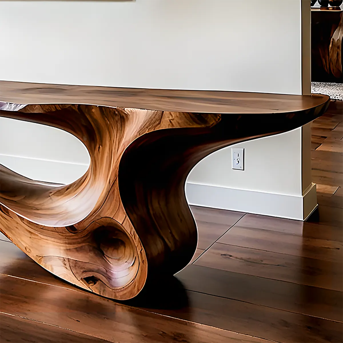 Fluid Twist Walnut Console Table – Modern Sculptural Wood - Rustira