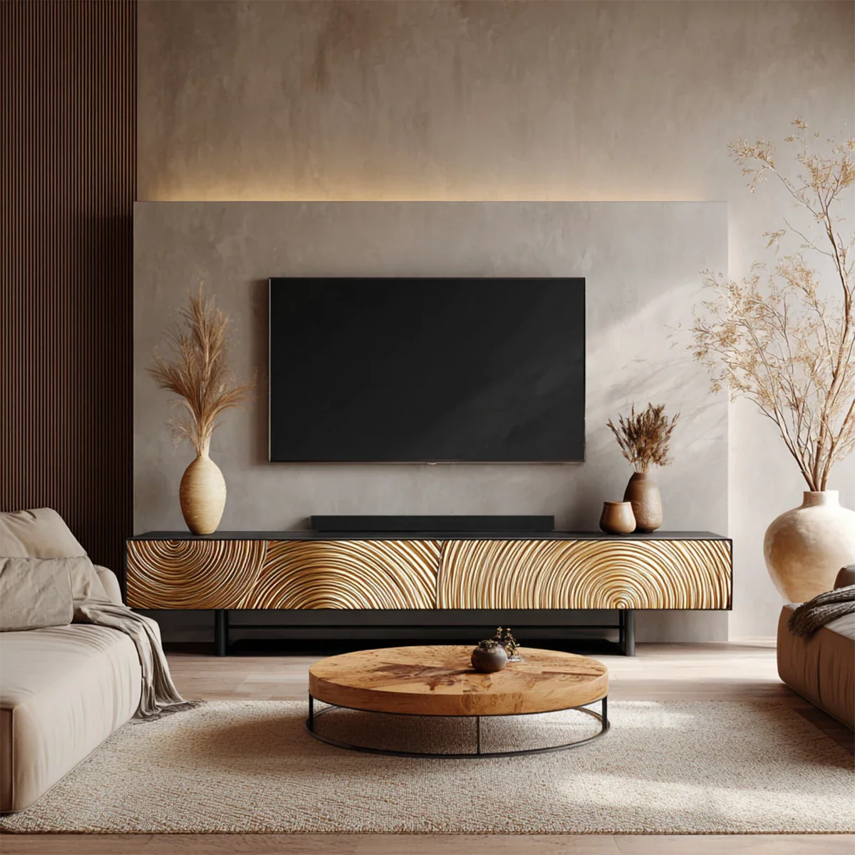 Golden Spiral-Carved Solid Wood TV Stand – Luxury Organic Console - Rustira