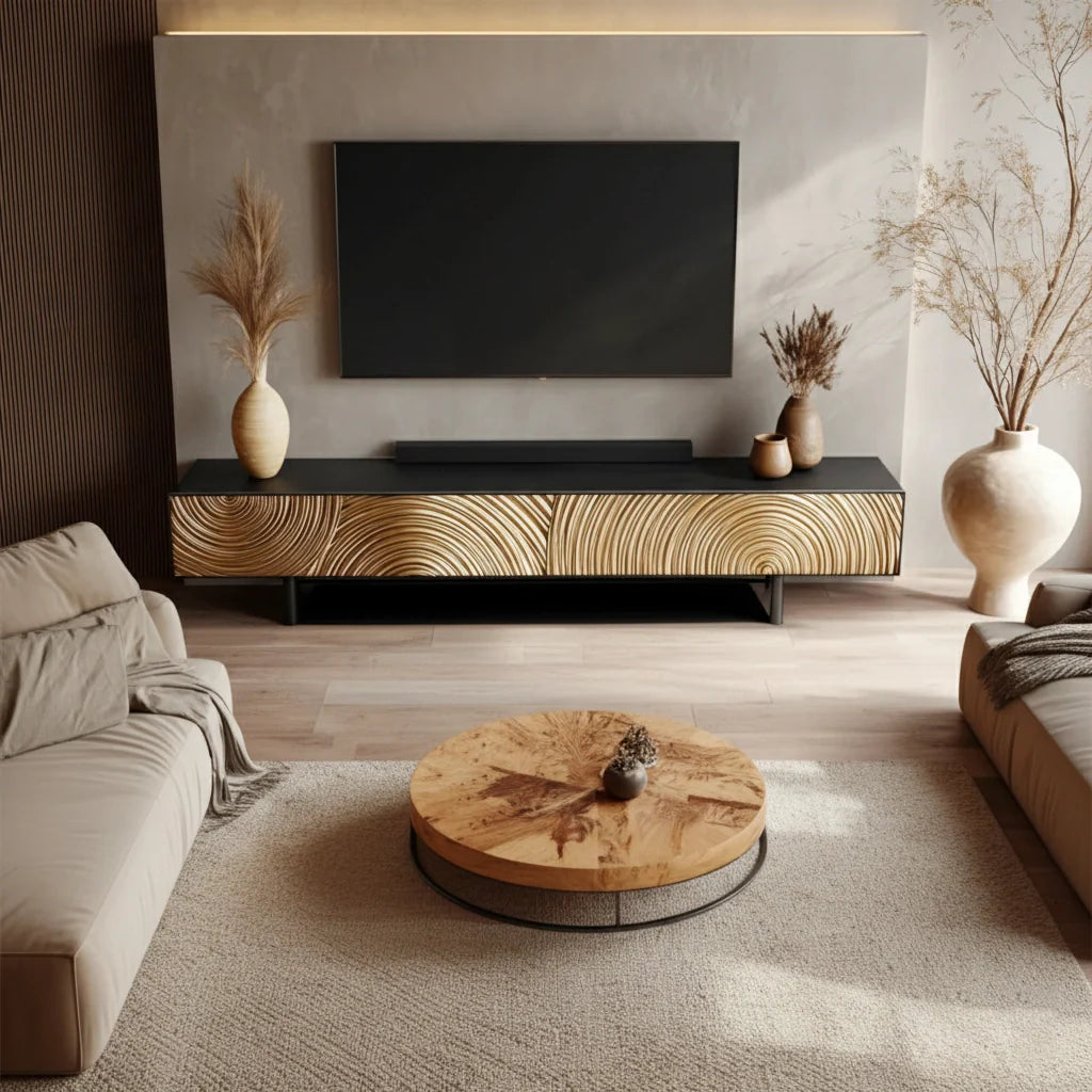 Golden Spiral-Carved Solid Wood TV Stand – Luxury Organic Console - Rustira