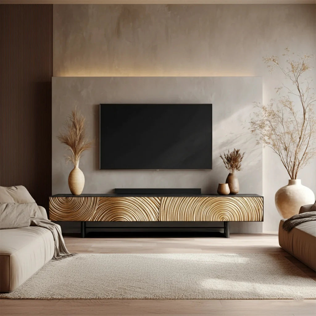 Golden Spiral-Carved Solid Wood TV Stand – Luxury Organic Console - Rustira