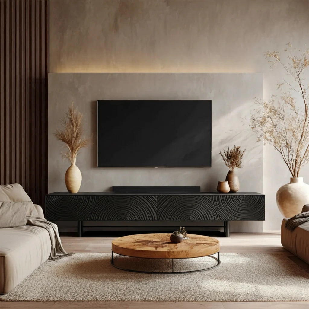 Golden Spiral-Carved Solid Wood TV Stand – Luxury Organic Console - Rustira