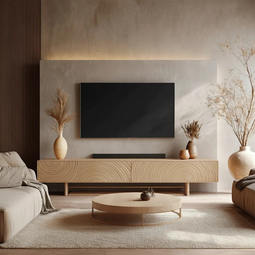 Golden Spiral-Carved Solid Wood TV Stand – Luxury Organic Console - Rustira