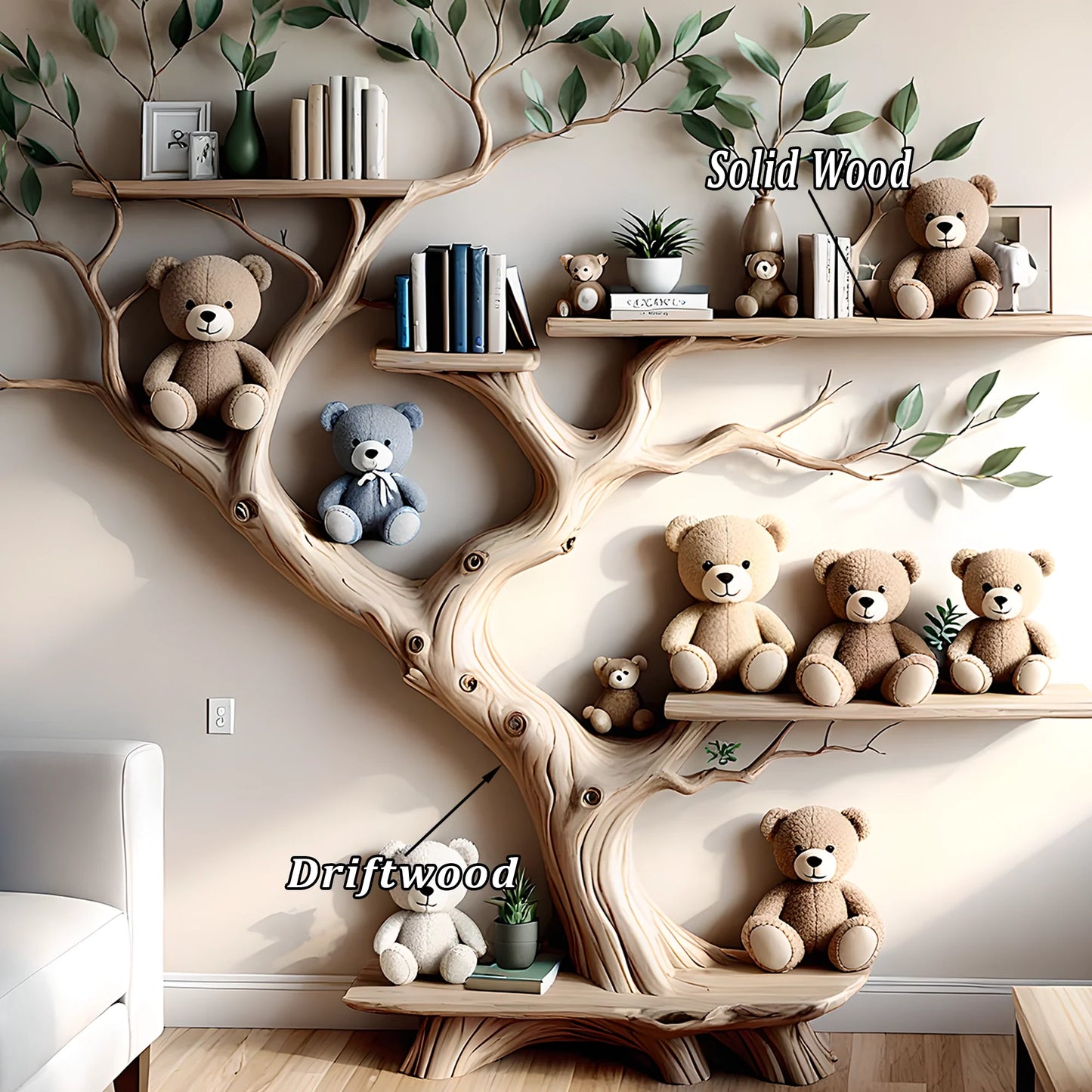 Green tree-style bookshelf for children's room space - Exquisite wooden furniture
