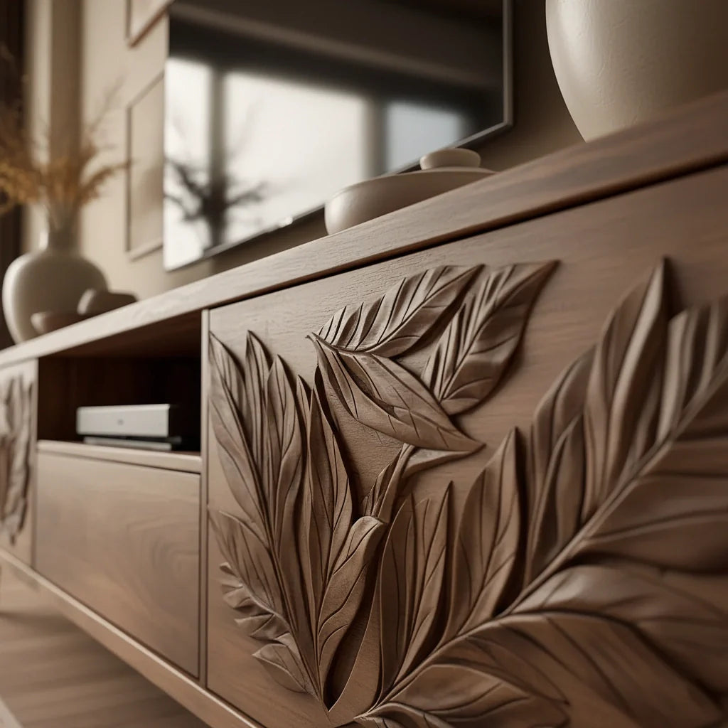Hand-Carved Leaf Solid Wood TV Stand – Botanical Media Console - Rustira