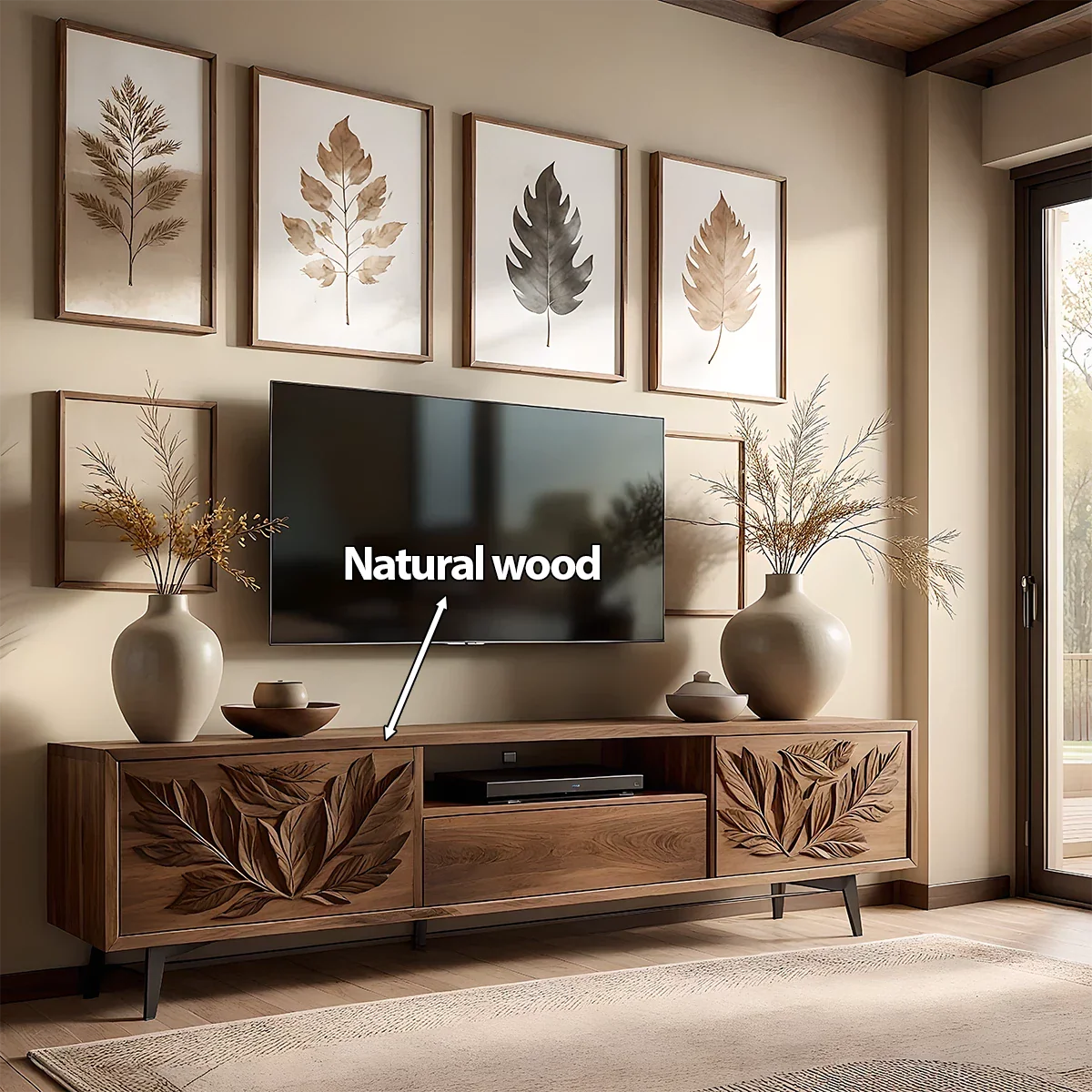 Hand-Carved Leaf Solid Wood TV Stand – Botanical Media Console - Rustira