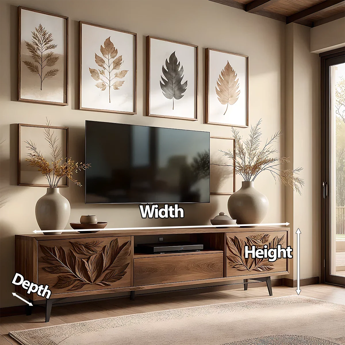 Hand-Carved Leaf Solid Wood TV Stand – Botanical Media Console - Rustira